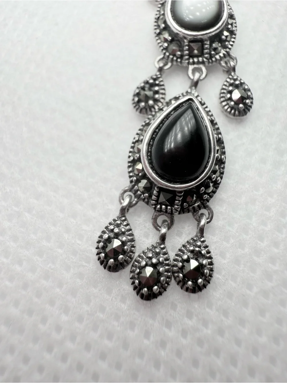 Vintage Italian Art Deco Marcasite Onyx Mother of Pearl Chandelier Drop Necklace